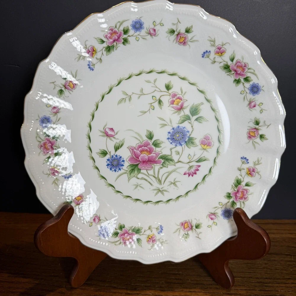 Spring Night Fine China Cake Plate Platter Floral Scalloped Gold Trim Vintage